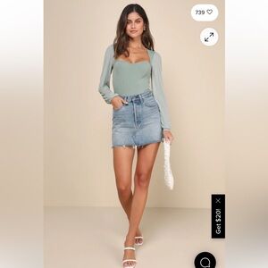 Lulus Sensational Sweetheart Sage Green Ribbed Balloon Sleeve Bodysuit